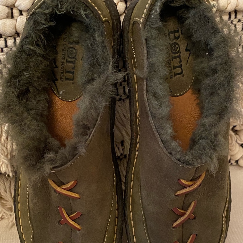 Born Olive Green Suede Shearling-Lined Clog Mules with Brown Lace Accents - Picture 3 of 7